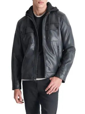 Faux Leather Hooded Jacket