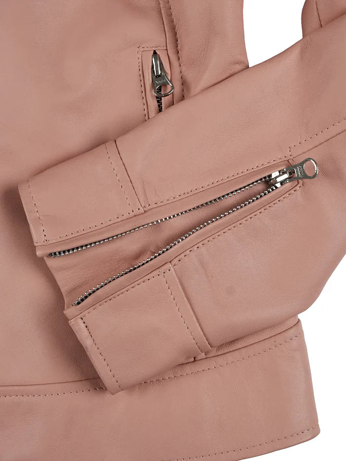 Dodge Women Light Pink Biker Style Leather Jacket