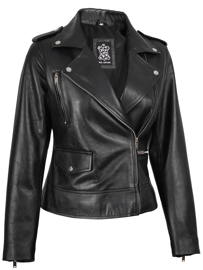 Amber Womens Asymmetrical Black Biker Style Leather Jacket