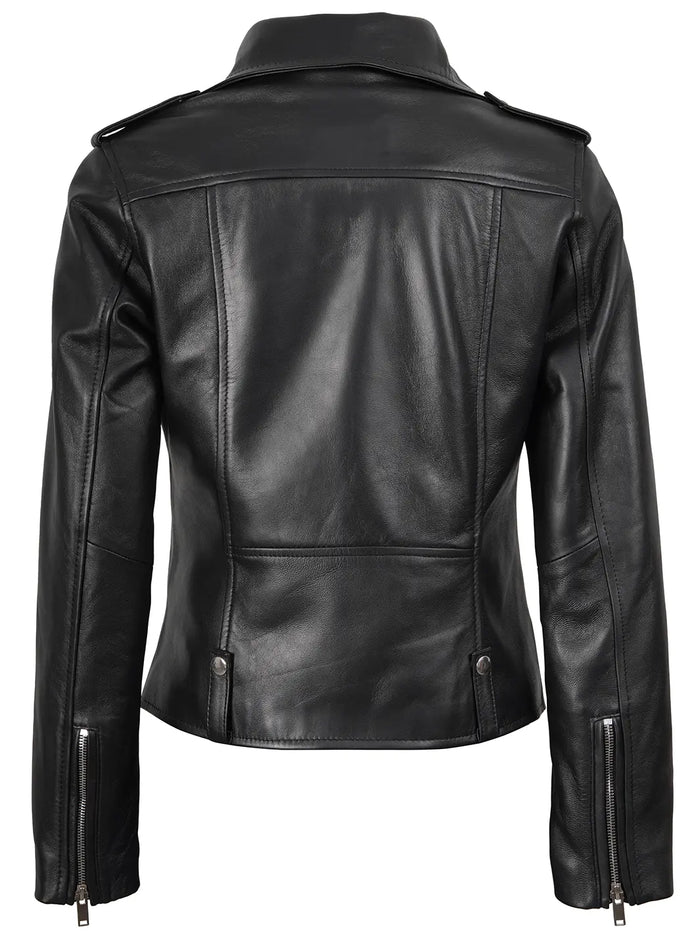 Amber Womens Asymmetrical Black Biker Style Leather Jacket