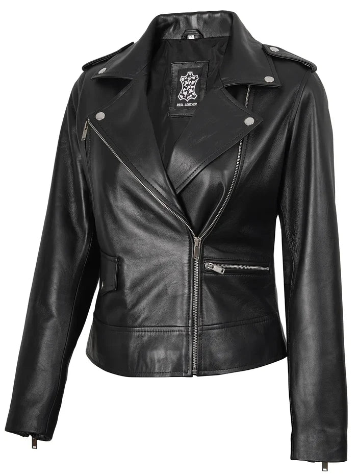 Amber Womens Asymmetrical Black Biker Style Leather Jacket