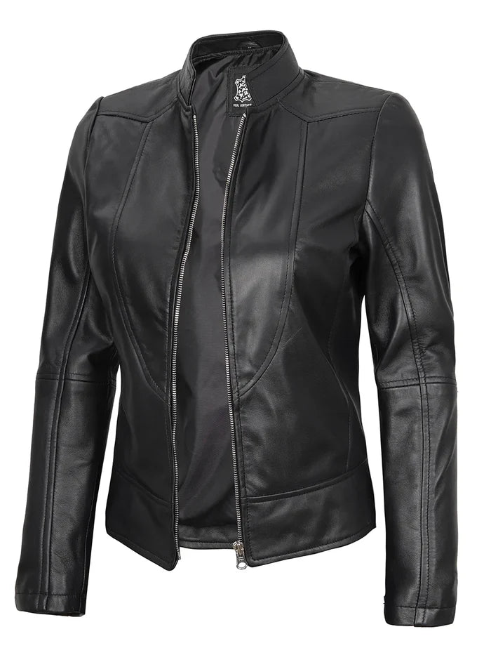 Amy Women's Black Cafe Racer Leather Jacket