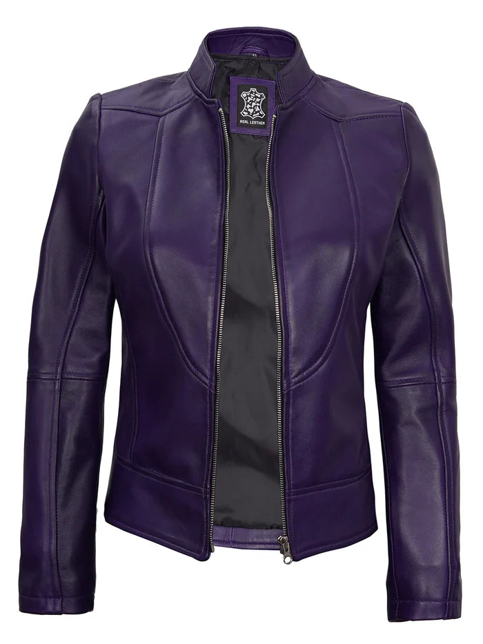 Amy Purple Cafe Racer Style Women's Leather Jacket