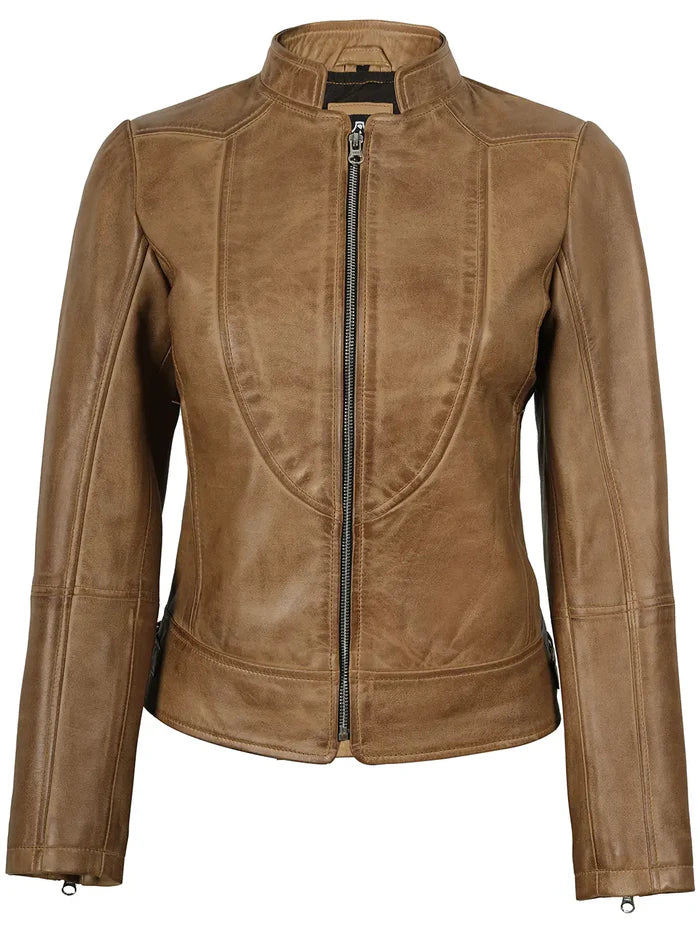 Amy Womens Camel Leather Biker Style Jacket