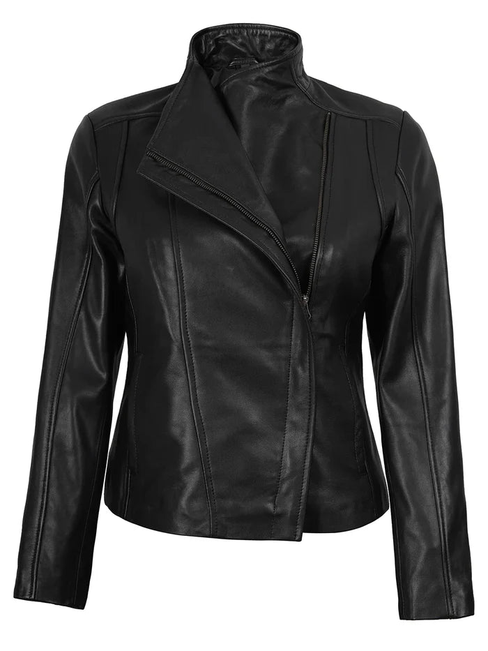 Arezzo Black Flap Closure Cafe Racer Leather Jacket