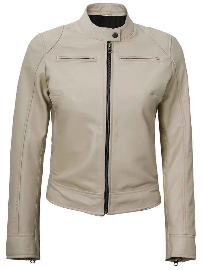 Dodge Women's Beige Leather Cafe Racer Jacket