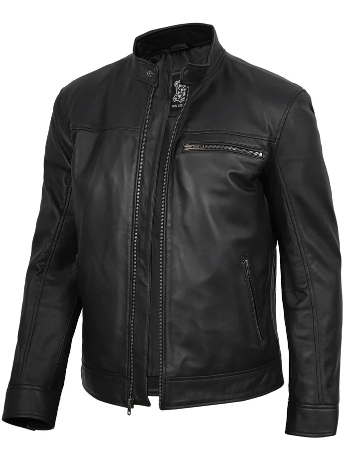 Bickford Mens Black Cafe Racer Style Real Leather Jacket
