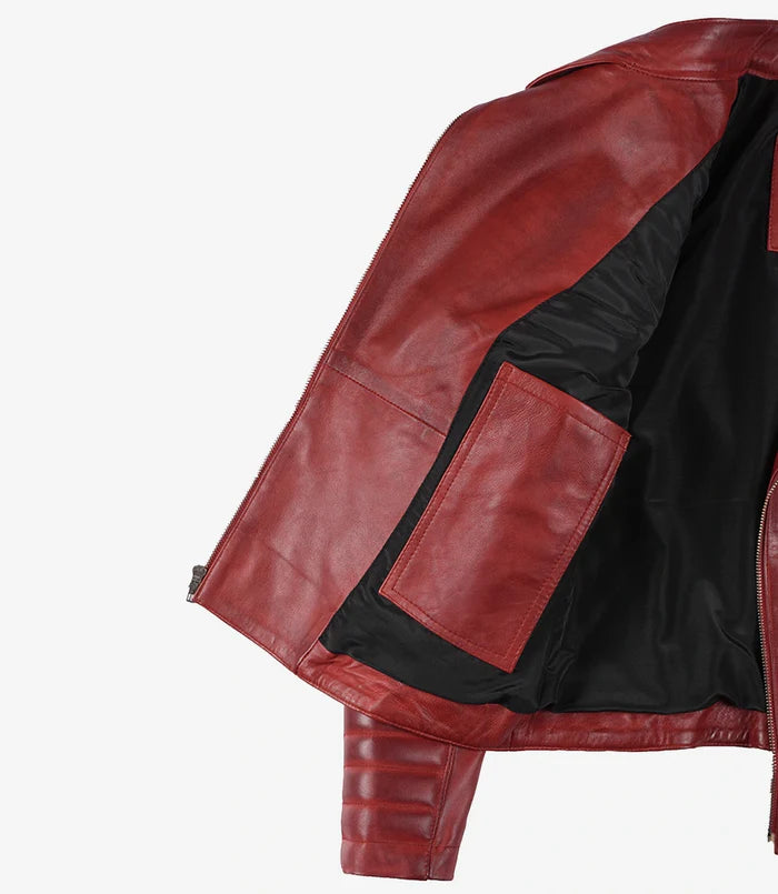 Women's Biker Style Quilted Red Leather Jacket Asymmetrical