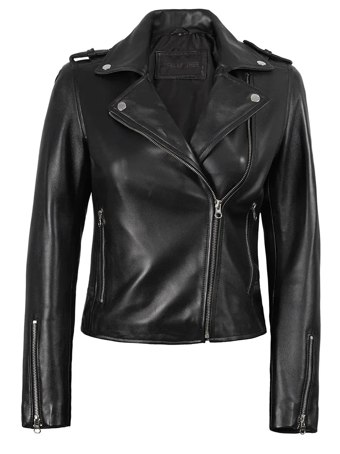 Kirsten Women's Black Asymmetrical Leather Biker Style Jacket