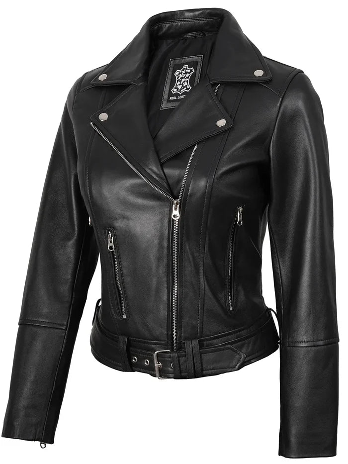 Womens Asymmetrical Black Biker Style Leather Jacket
