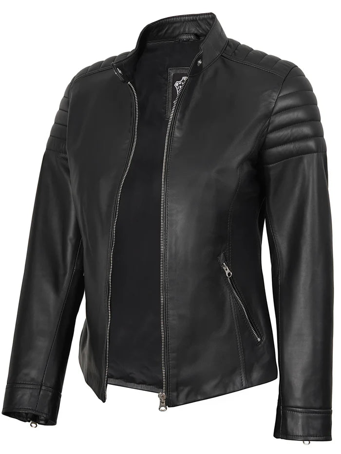 Women's Black Cafe Racer Leather Jacket