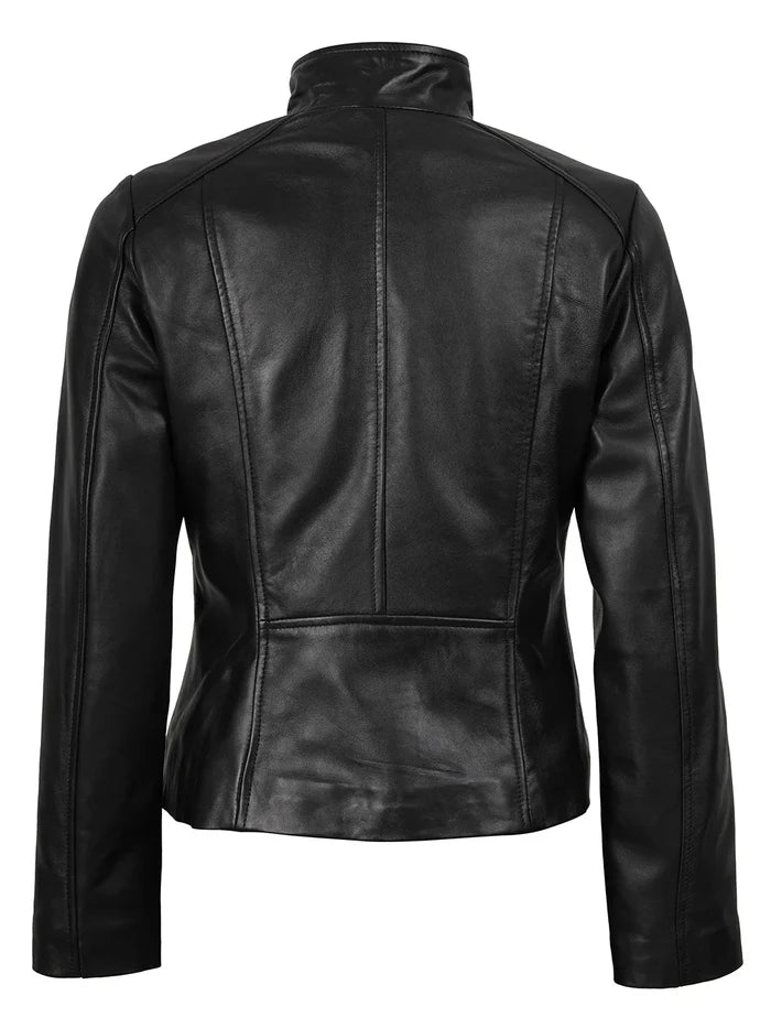 Arezzo Black Flap Closure Cafe Racer Leather Jacket