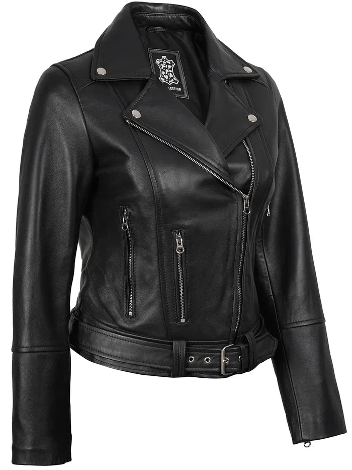 Womens Asymmetrical Black Biker Style Leather Jacket