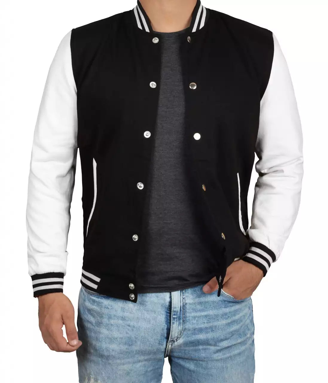 Men’s Black and White Letterman Jacket – Baseball Bomber Style