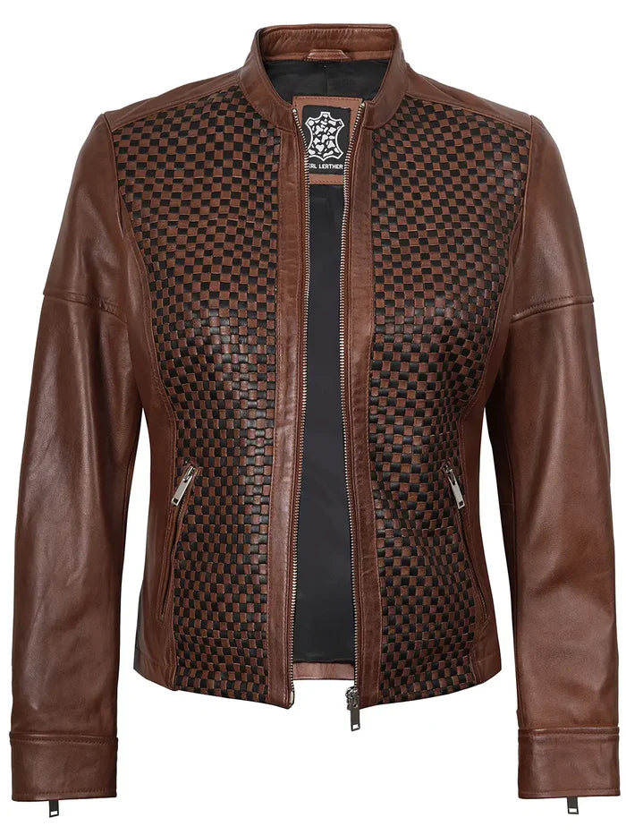 Women Brown Textured Cafe Racer Leather Jacket