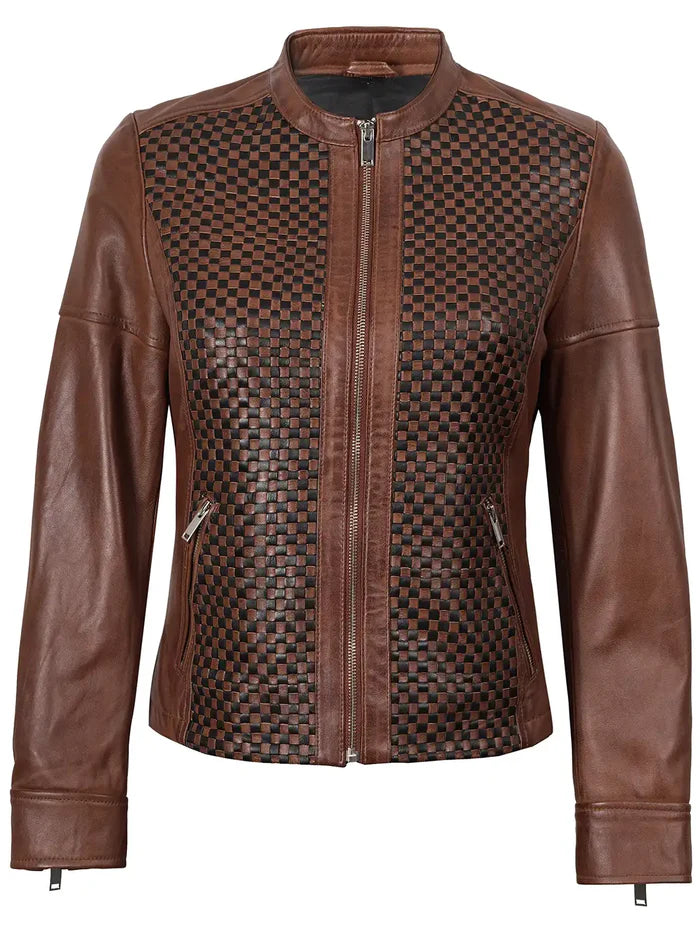 Women Brown Textured Cafe Racer Leather Jacket