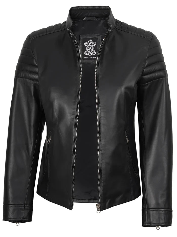 Women's Black Cafe Racer Leather Jacket