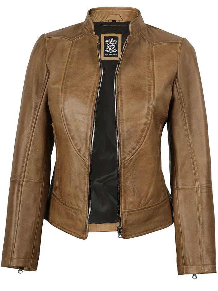 Amy Womens Camel Leather Biker Style Jacket