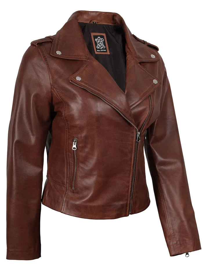 Women Asymmetrical Cognac Wax Biker Style Leather Jacket