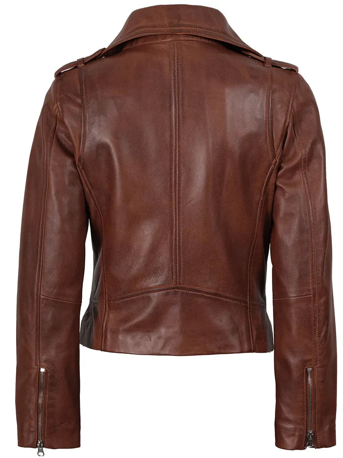 Women Asymmetrical Cognac Wax Biker Style Leather Jacket