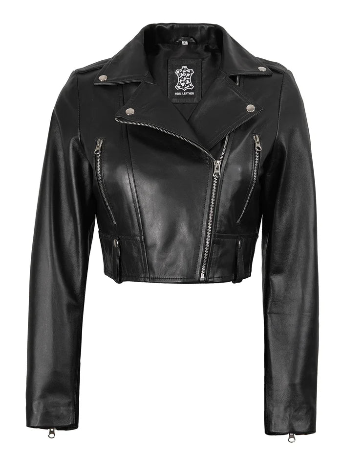 Colleen Women’s Cropped Black Biker Style Leather Jacket