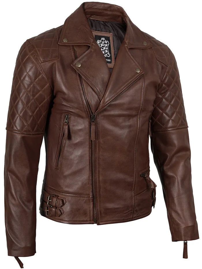 Frisco Mens Dark Brown Quilted Asymmetrical Leather Biker Style Jacket