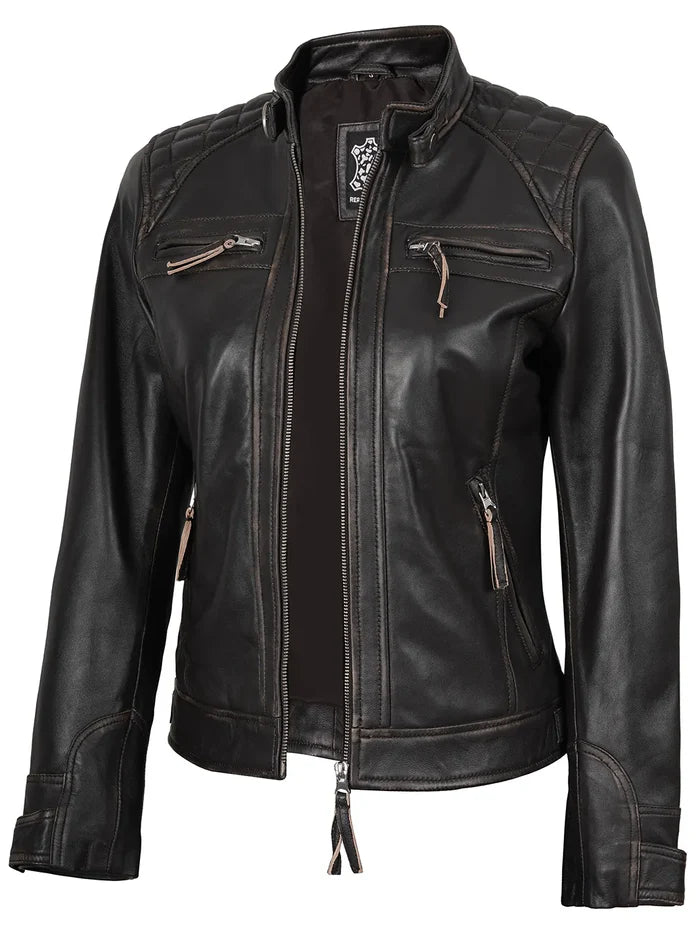 Diamond Women Rub  Leather Jacket