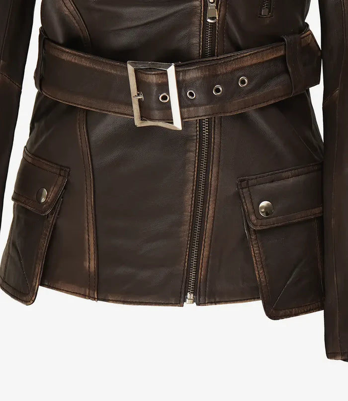 Women's Distressed Brown Asymmetrical Leather Biker Style Jacket