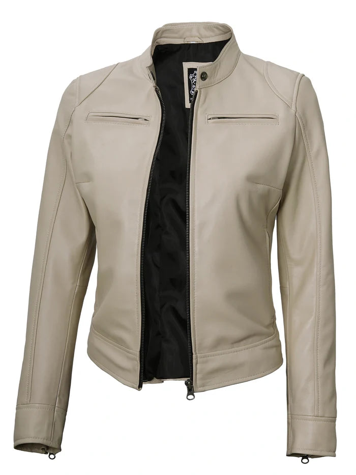 Dodge Women's Beige Leather Cafe Racer Jacket