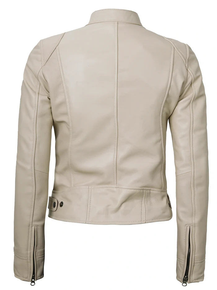 Dodge Women's Beige Leather Cafe Racer Jacket
