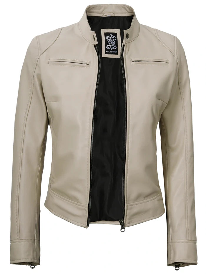 Dodge Women's Beige Leather Cafe Racer Jacket