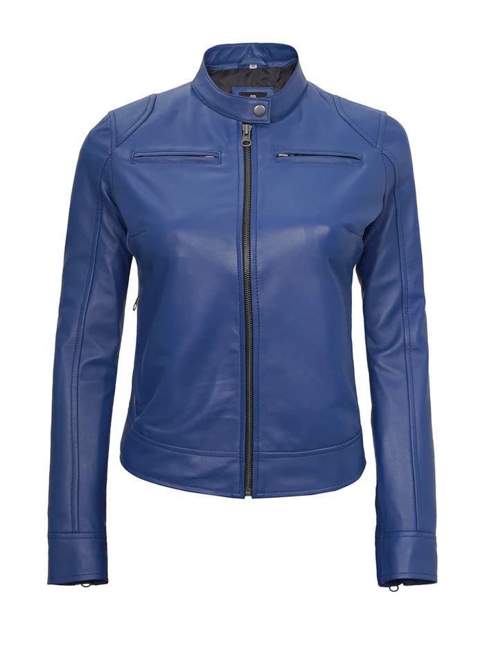 Dodge Women's Blue Leather Cafe Racer Style Jacket