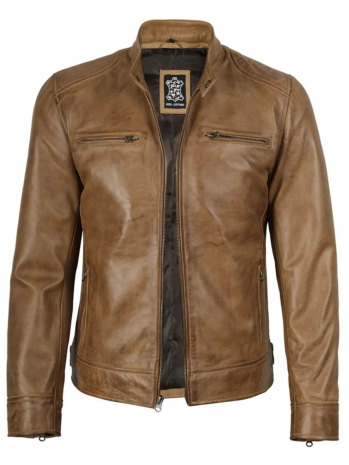 Dodge Men's Camel Brown Leather Cafe Racer Style Jacket