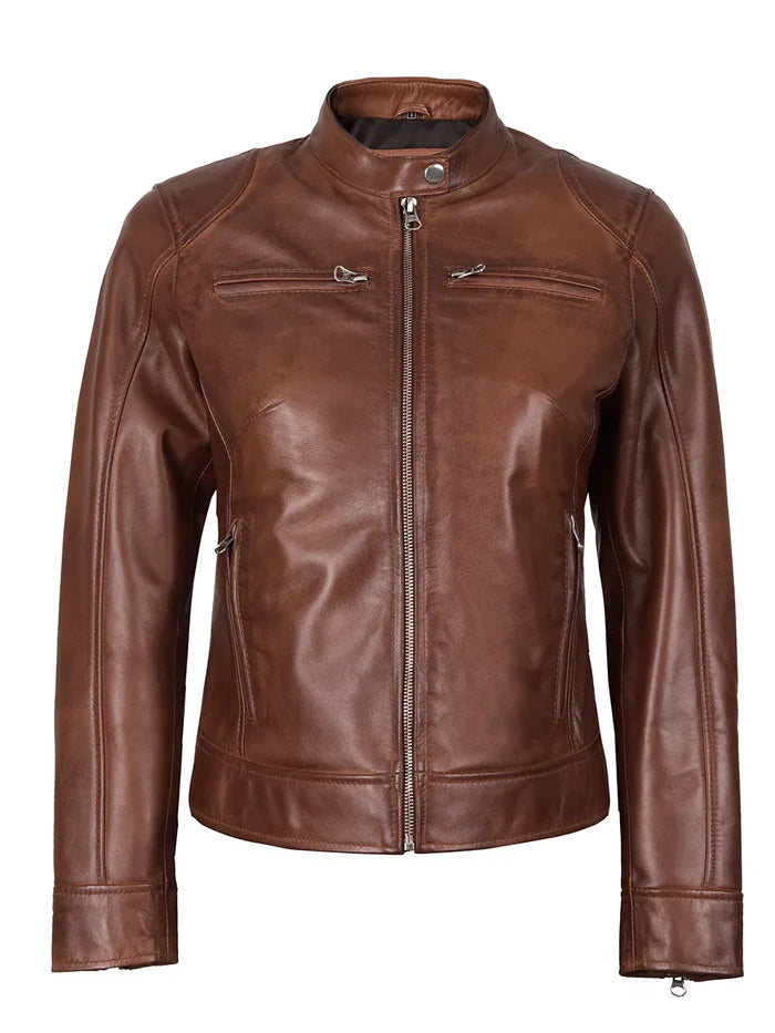 Dodge Womens Cognac Brown Biker Style Leather Jacket