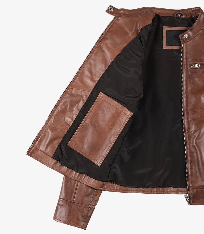 Dodge Womens Cognac Brown Biker Style Leather Jacket