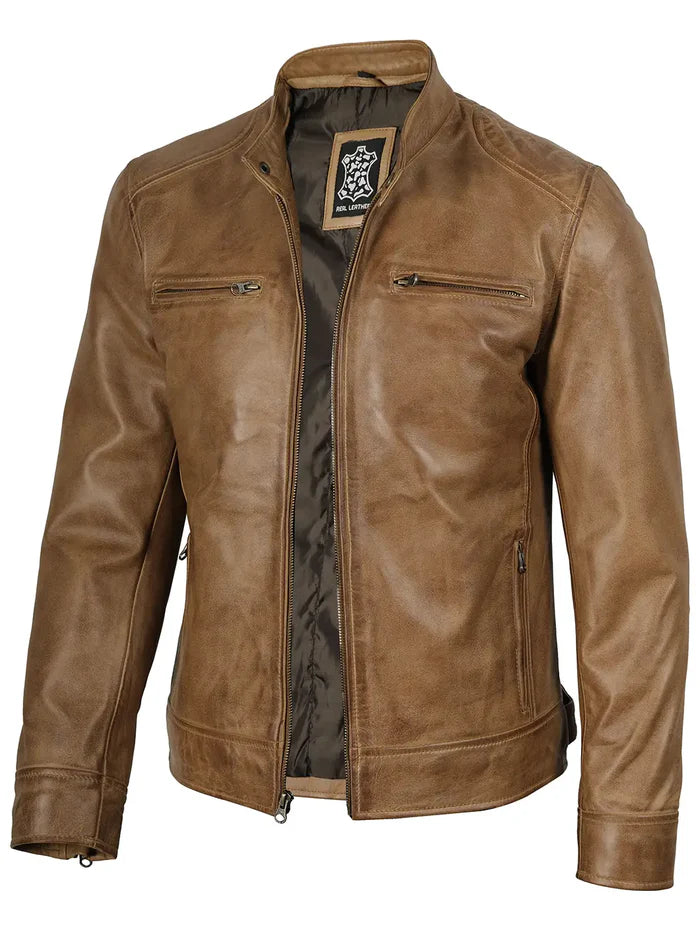 Dodge Men's Camel Brown Leather Cafe Racer Style Jacket