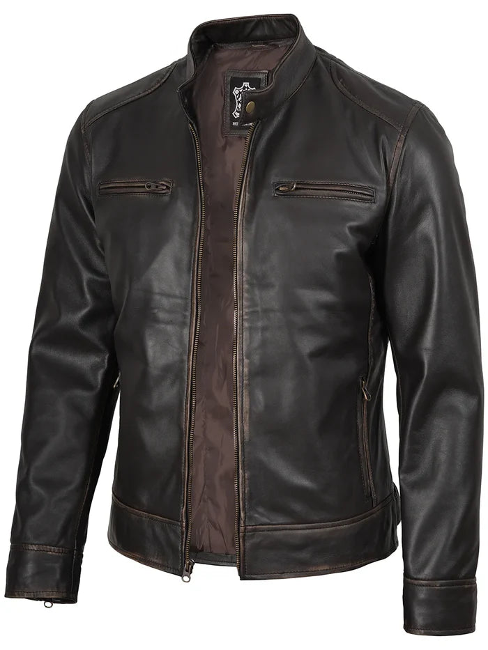 Dodge Men's Rub-Off Dark Brown Cafe Racer Style Leather Jacket