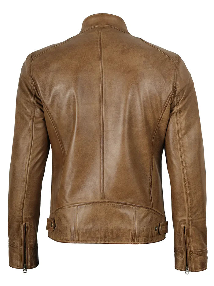 Dodge Men's Camel Brown Leather Cafe Racer Style Jacket