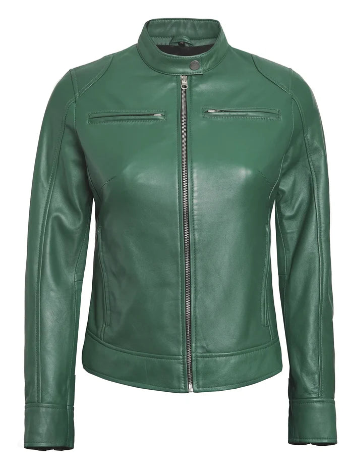 Dodge Womens Biker Style Green Leather Jacket