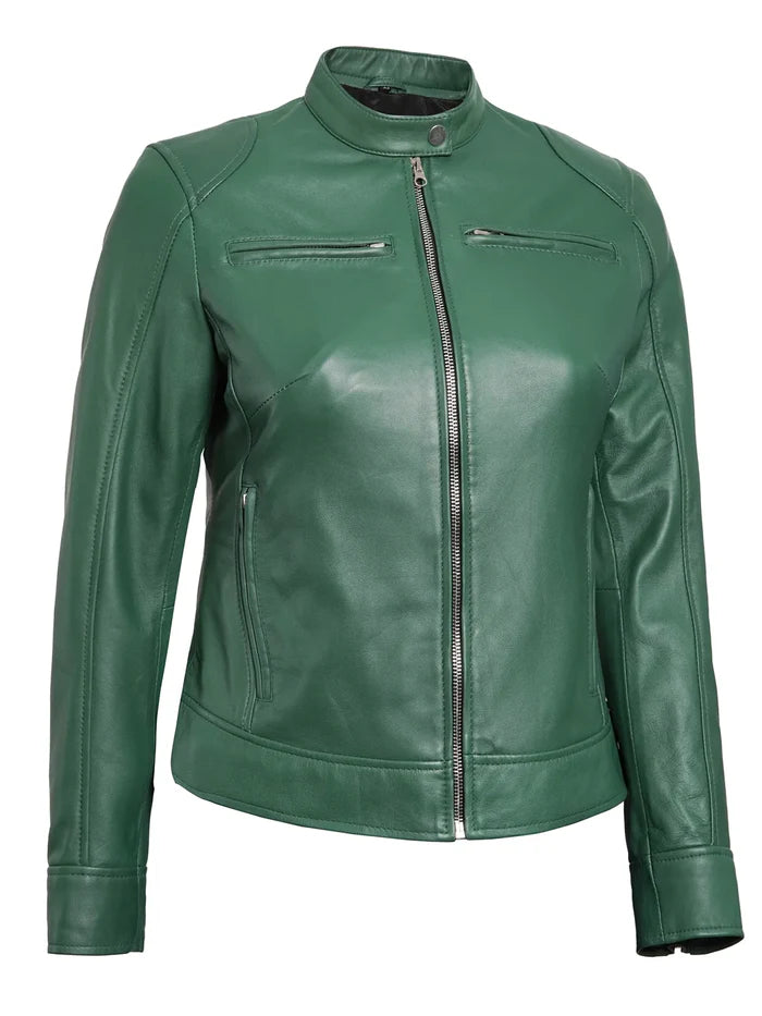 Dodge Womens Biker Style Green Leather Jacket
