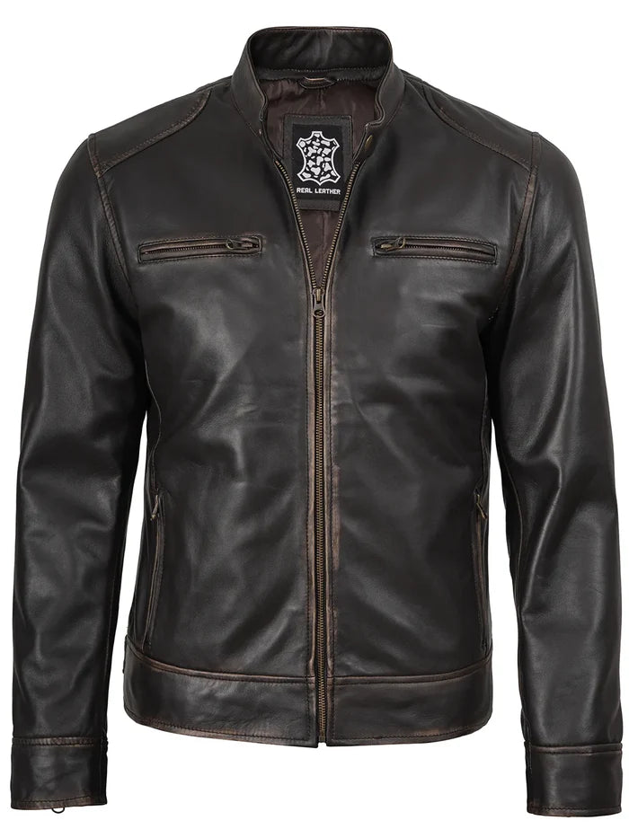 Dodge Men's Rub-Off Dark Brown Cafe Racer Style Leather Jacket