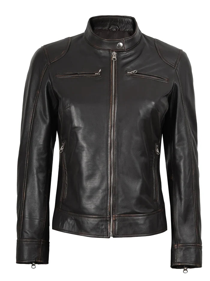 Dodge Women's Rub Off Brown Vintage Leather Jacket