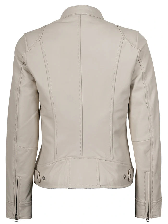Dodge Women's Off White Cafe Racer Leather Jacket