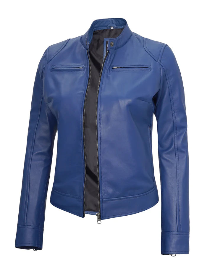 Dodge Women's Blue Leather Cafe Racer Style Jacket