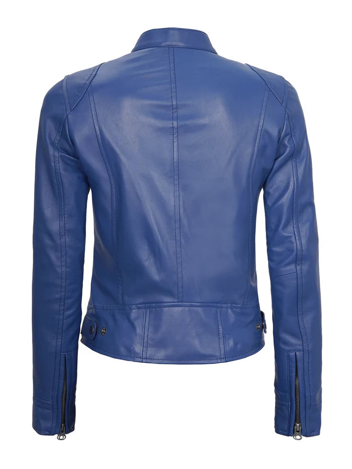 Dodge Women's Blue Leather Cafe Racer Style Jacket