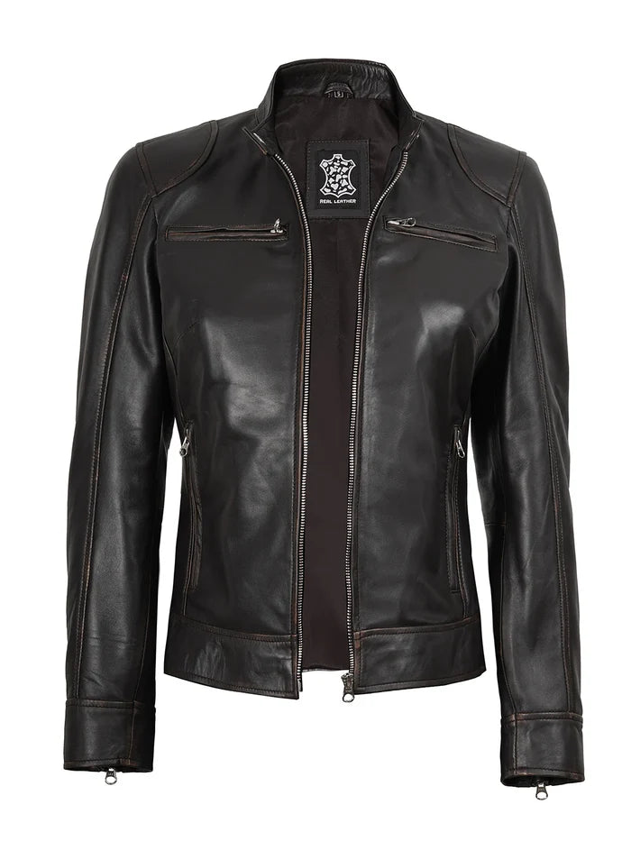 Dodge Women's Rub Off Brown Vintage Leather Jacket