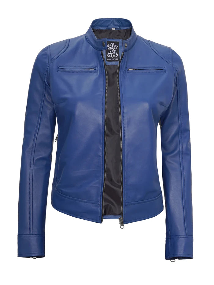 Dodge Women's Blue Leather Cafe Racer Style Jacket