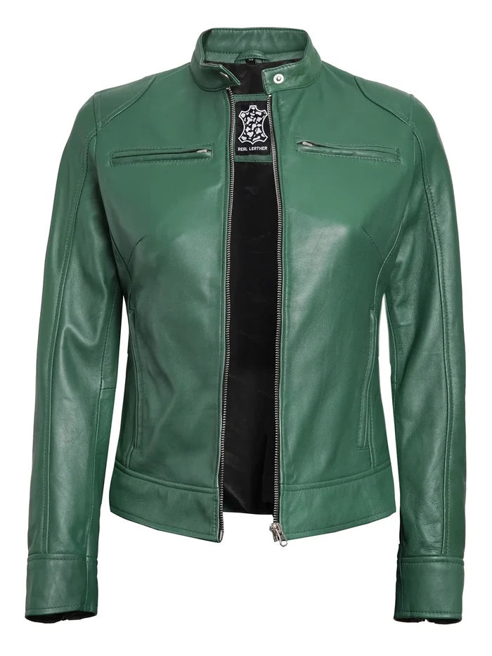 Dodge Womens Biker Style Green Leather Jacket