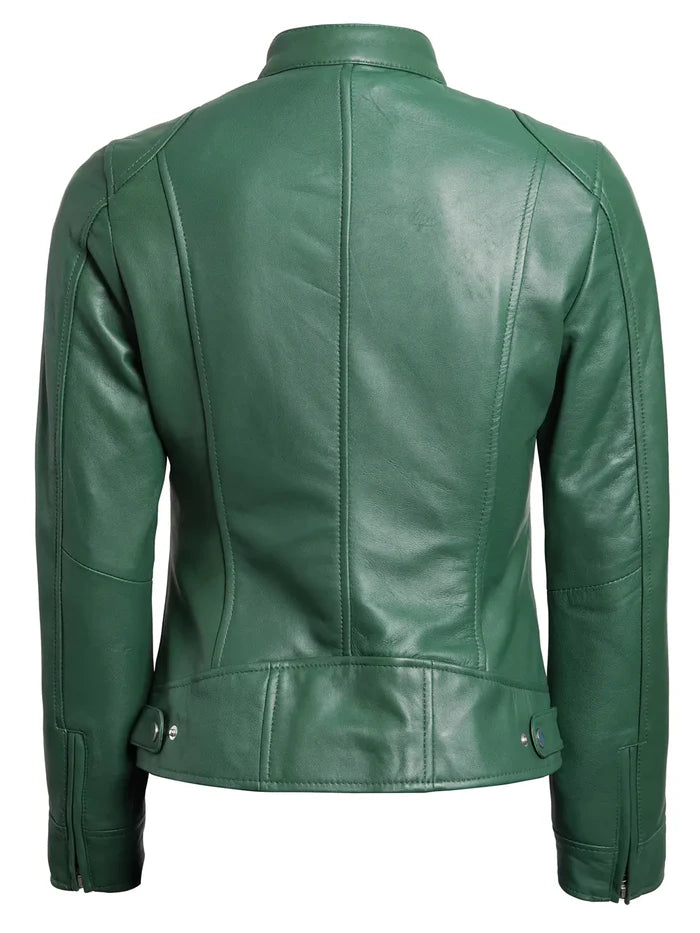 Dodge Womens Biker Style Green Leather Jacket