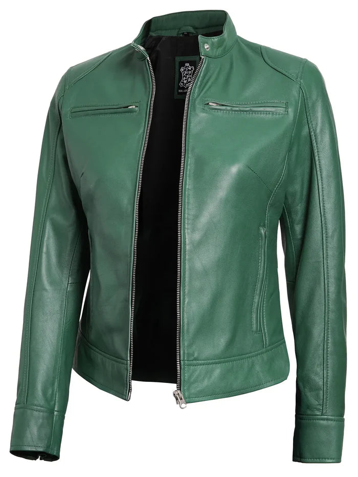 Dodge Womens Biker Style Green Leather Jacket